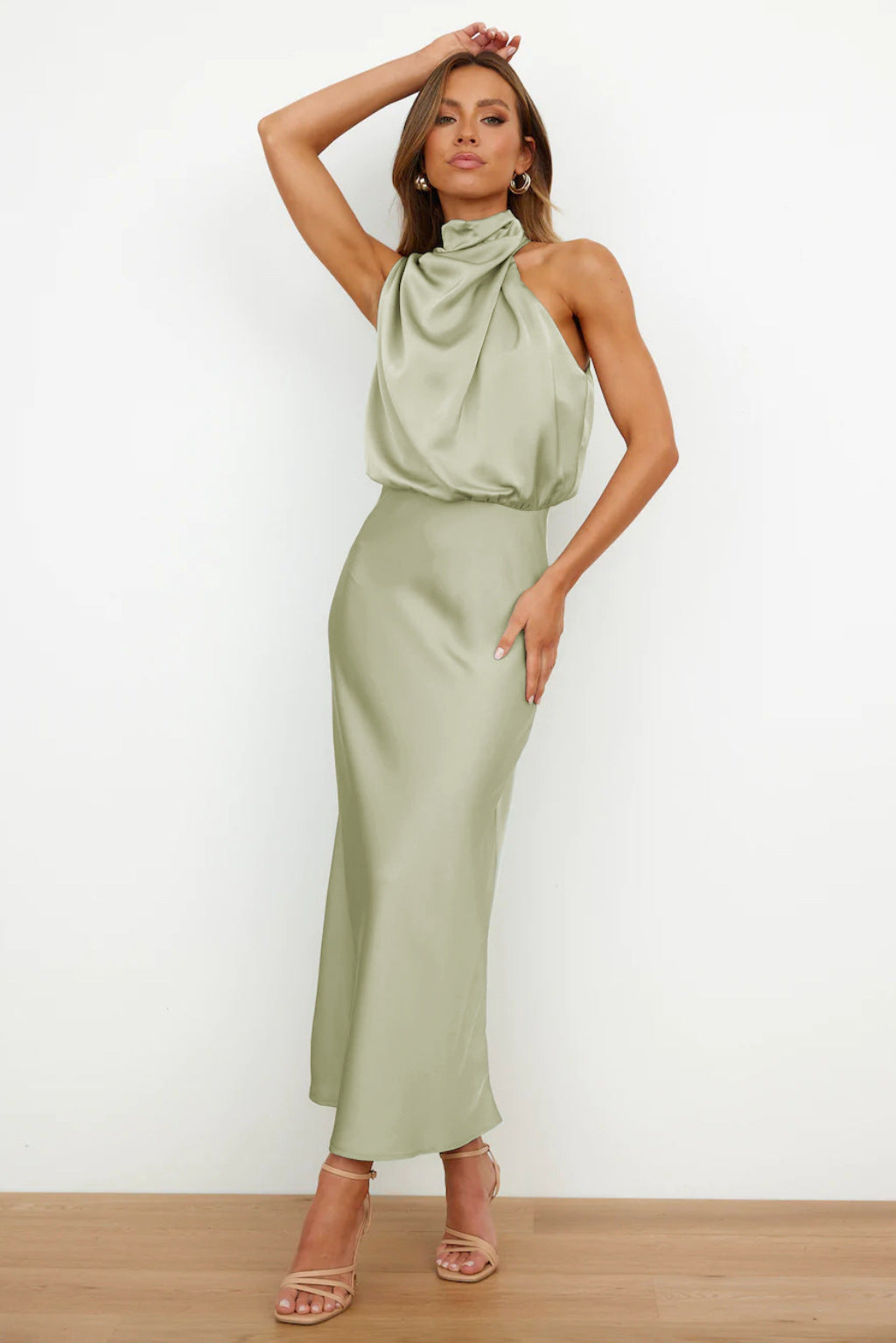 Valerie | Long Satin Dress With Halter Neckline