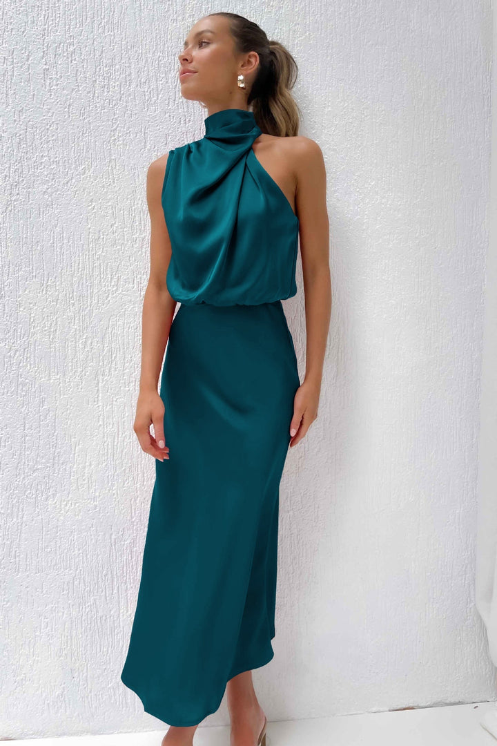 Valerie | Long Satin Dress With Halter Neckline