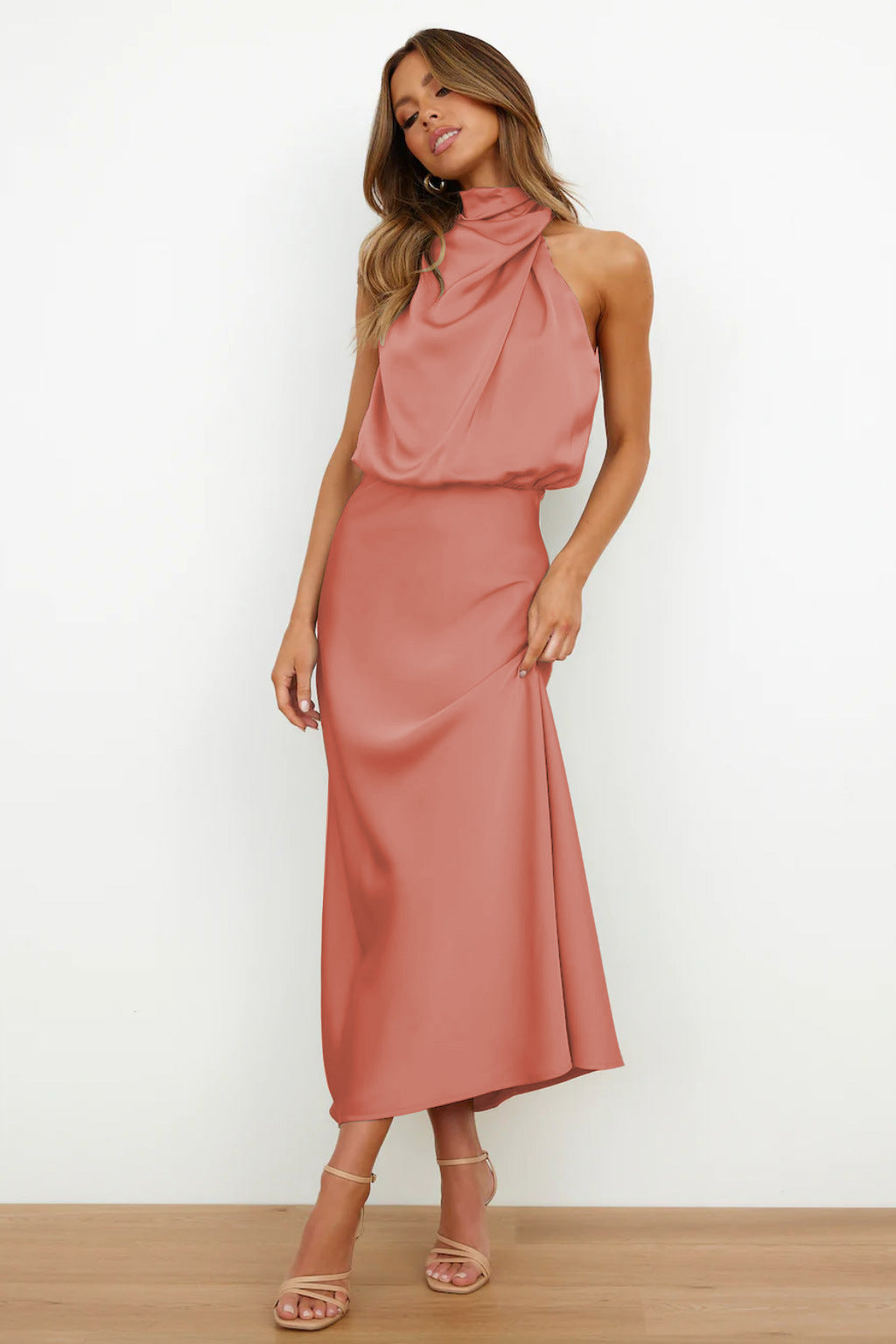 Valerie | Long Satin Dress With Halter Neckline