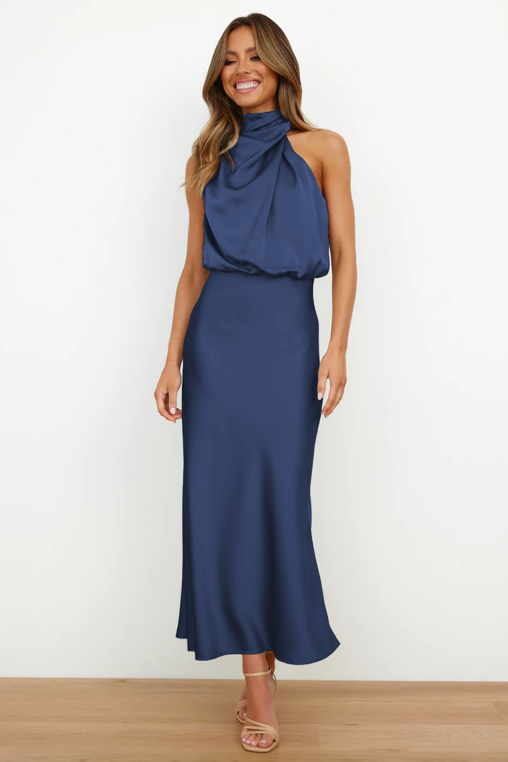 Valerie | Long Satin Dress With Halter Neckline