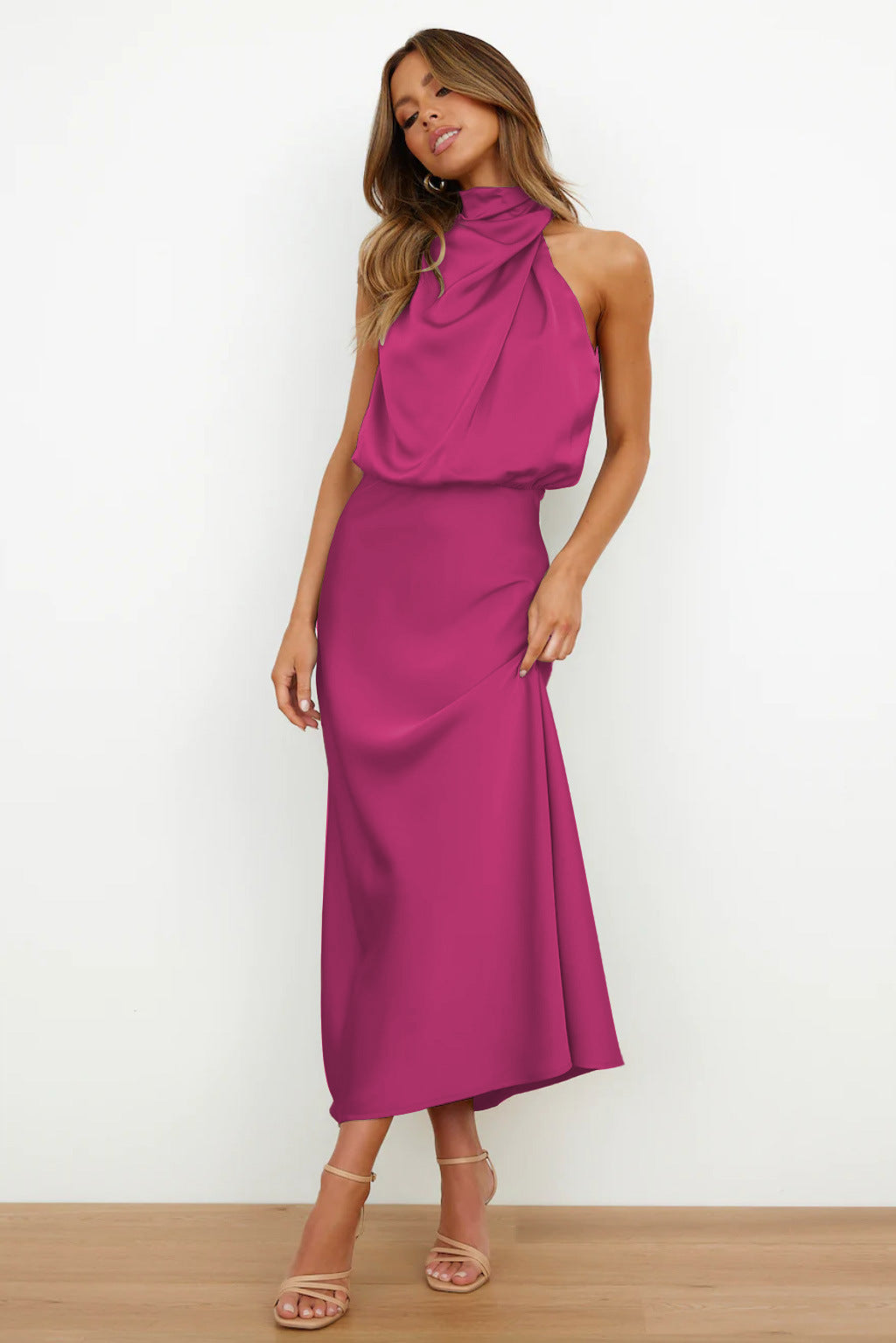 Valerie | Long Satin Dress With Halter Neckline