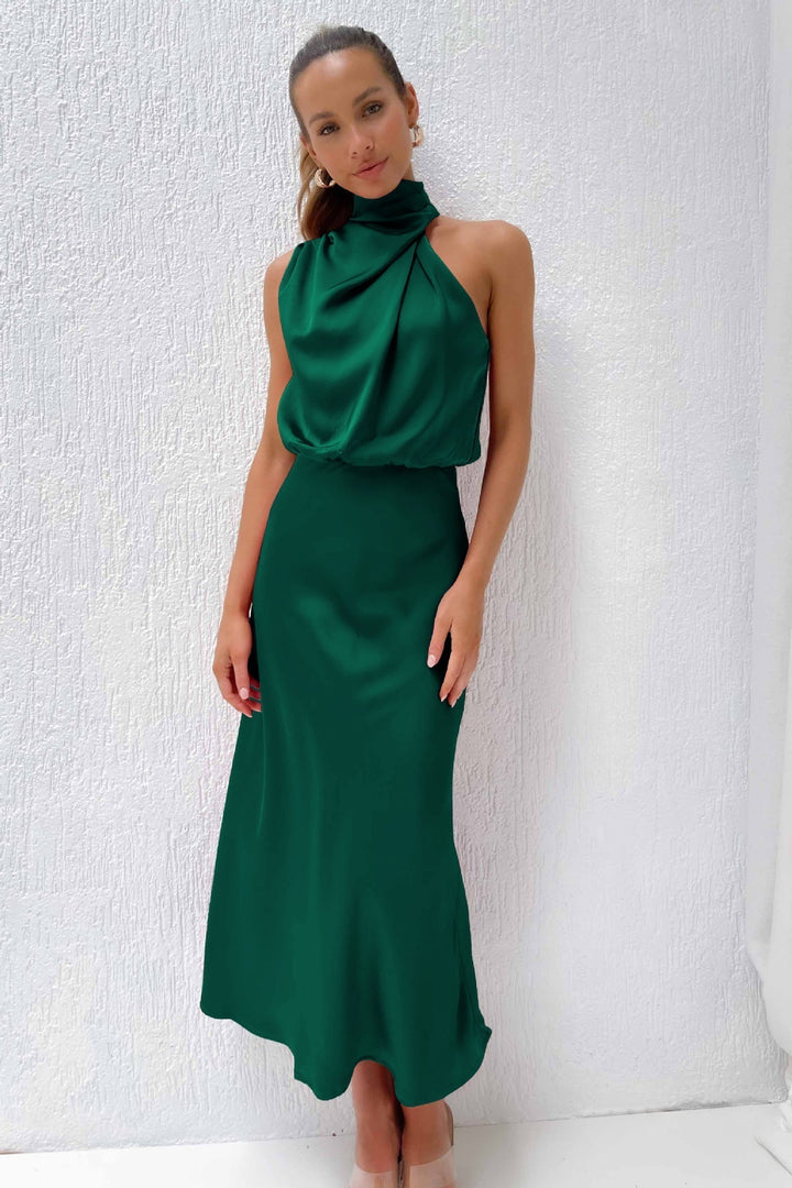 Valerie | Long Satin Dress With Halter Neckline