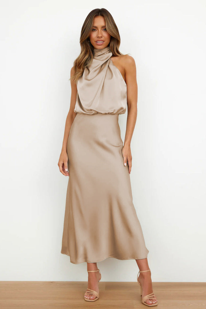 Valerie | Long Satin Dress With Halter Neckline